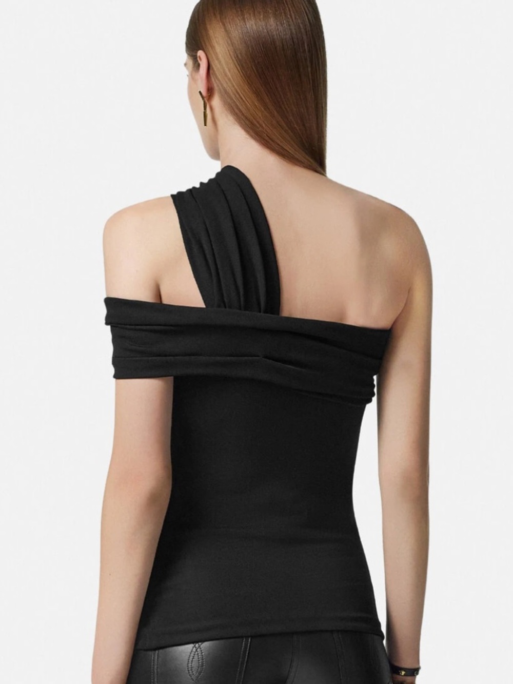 Versace NWT One Shoulder Gathered Top Black Techno Pique Stretch Size IT 36/XS - Picture 8 of 11